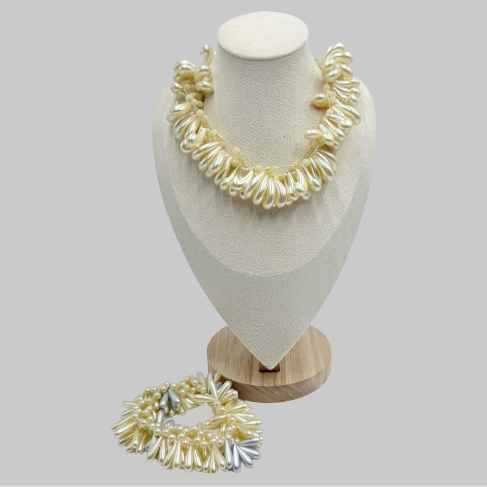 Vintage Wedding Hair Accessory Bracelet Kidney Shaped Faux Pearls Sets
